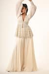 Shop_Couture By Niharika_Ivory Organza Embroidery V-neck Peplum Top And Pant Set _Online_at_Aza_Fashions