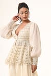 Couture By Niharika_Ivory Organza Embroidery V-neck Peplum Top And Pant Set _at_Aza_Fashions