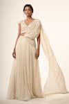Buy_Couture By Niharika_Ivory Viscose, Georgette, Net, Organza Designer Pre-draped Lehenga Saree _at_Aza_Fashions