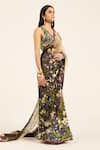 Buy_Ruhr India_Green Crepe, Organza Sequins Halter , Round Mayuri Hand Work Saree Set _Online_at_Aza_Fashions