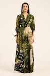 Shop_Ruhr India_Green Silk Collared Meera Multi Color Designer Dress _Online_at_Aza_Fashions