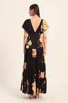 Shop_Ruhr India_Black Satin V-neck Floral Print Maxi Dress _at_Aza_Fashions