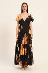 Shop_Ruhr India_Black Satin V-neck Floral Print Maxi Dress _Online_at_Aza_Fashions