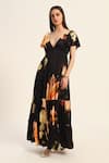 Ruhr India_Black Satin V-neck Floral Print Maxi Dress _at_Aza_Fashions
