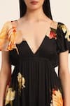 Buy_Ruhr India_Black Satin V-neck Floral Print Maxi Dress 