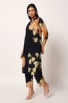 Shop_Ruhr India_Black Cotton Split V-neck Floral Print Kurta Set _Online_at_Aza_Fashions