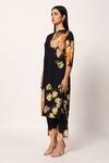 Ruhr India_Black Cotton Split V-neck Floral Print Kurta Set _at_Aza_Fashions