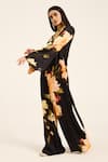 Buy_Ruhr India_Black Satin V-neck Floral Print Jumpsuit _Online_at_Aza_Fashions