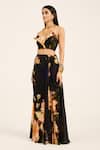 Ruhr India_Black Satin Asymmetric Floral Crop Top And Dhoti Skirt Set _Online_at_Aza_Fashions