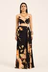 Shop_Ruhr India_Black Satin Asymmetric Floral Crop Top And Dhoti Skirt Set _Online_at_Aza_Fashions