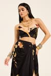 Buy_Ruhr India_Black Satin Asymmetric Floral Crop Top And Dhoti Skirt Set 