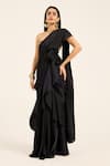 Buy_Ruhr India_Black Satin, Lycra Mirrors, Beads, Sequins Hand-embroidered Kali Saree Set _at_Aza_Fashions
