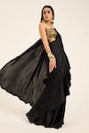 Ruhr India_Black Satin, Lycra Mirrors, Beads, Sequins Hand-embroidered Kali Saree Set _at_Aza_Fashions