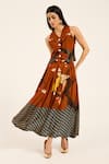 Buy_Ruhr India_Rust Silk Embroidery V-neck Orange Waistcoat And Skirt Set _Online_at_Aza_Fashions