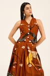 Shop_Ruhr India_Rust Silk Embroidery V-neck Orange Waistcoat And Skirt Set _Online_at_Aza_Fashions