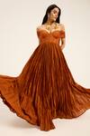 Ruhr India_Rust Chanderi Silk Sweetheart Neck, Off-shoulder Orange Tara Dress _Online_at_Aza_Fashions
