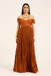 Buy_Ruhr India_Rust Chanderi Silk Sweetheart Neck, Off-shoulder Orange Tara Dress 