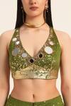 Shop_Ruhr India_Green Chanderi Silk Mirrors, Beads, Sequins V-neck Bralette And Pant Set _Online_at_Aza_Fashions