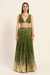 Buy_Ruhr India_Green Silk, Chanderi Beads V-neck Top And Skirt Set _at_Aza_Fashions
