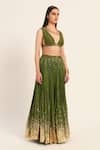 Shop_Ruhr India_Green Silk, Chanderi Beads V-neck Top And Skirt Set _Online_at_Aza_Fashions