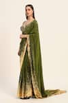 Buy_Ruhr India_Green Silk, Crepe Beads, Mirrors, Embroidery Sweetheart Neck, Miko Saree Set _Online_at_Aza_Fashions