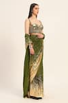 Buy_Ruhr India_Green Silk, Crepe Beads, Mirrors, Embroidery Sweetheart Neck, Miko Saree Set 
