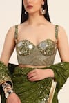 Shop_Ruhr India_Green Silk, Crepe Beads, Mirrors, Embroidery Sweetheart Neck, Miko Saree Set 