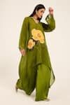 Shop_Ruhr India_Green Organza, Satin Embroidery V-neck Anaya Kurta Set _Online_at_Aza_Fashions