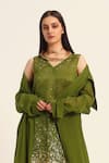 Ruhr India_Green Silk, Chanderi Beads V-neck Dharini Kurta Set _Online_at_Aza_Fashions