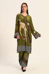 Buy_Ruhr India_Green Crepe Embroidery V-neck Miko Designer Kurta Pant Set _at_Aza_Fashions