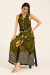 Ruhr India_Green Silk Embroidery V-neck Miko Waistcoat And Skirt Set _at_Aza_Fashions
