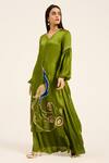 Ruhr India_Green Satin Embroidery, Patchwork Split V-neck Mor Kurta Set _Online_at_Aza_Fashions