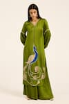 Buy_Ruhr India_Green Satin Embroidery, Patchwork Split V-neck Mor Kurta Set _at_Aza_Fashions