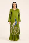 Shop_Ruhr India_Green Satin Embroidery, Patchwork Split V-neck Mor Kurta Set _Online_at_Aza_Fashions