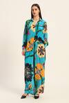 Buy_Ruhr India_Turquoise Crepe Collared Floral Print Yoko Coord Set _at_Aza_Fashions