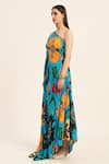 Ruhr India_Turquoise Crepe Asymmetric Floral Print Phirozi Blue Kaftan _Online_at_Aza_Fashions