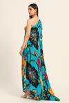 Ruhr India_Turquoise Crepe Asymmetric Floral Print Phirozi Blue Kaftan _at_Aza_Fashions