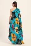 Shop_Ruhr India_Turquoise Crepe Asymmetric Floral Print Phirozi Blue Kaftan _at_Aza_Fashions