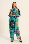 Buy_Ruhr India_Turquoise Crepe Beads Round Neck Floral Print Yoko Kurta Set _at_Aza_Fashions
