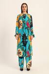 Shop_Ruhr India_Turquoise Crepe Beads Round Neck Floral Print Yoko Kurta Set 