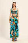Buy_Ruhr India_Turquoise Crepe Square Neck Floral Print Crop Top And Draped Skirt Set _Online_at_Aza_Fashions