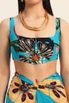 Buy_Ruhr India_Turquoise Crepe Square Neck Floral Print Crop Top And Draped Skirt Set 