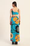 Shop_Ruhr India_Turquoise Crepe Square Neck Floral Print Crop Top And Draped Skirt Set _at_Aza_Fashions