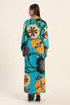 Shop_Ruhr India_Turquoise Crepe Collared Floral Print Yoko Shirt And Draped Skirt Set _at_Aza_Fashions