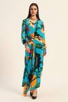 Buy_Ruhr India_Turquoise Crepe Collared Floral Print Yoko Shirt And Draped Skirt Set _Online_at_Aza_Fashions