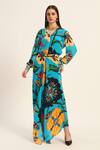 Buy_Ruhr India_Turquoise Crepe Collared Floral Print Yoko Shirt And Draped Skirt Set _at_Aza_Fashions