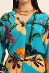 Shop_Ruhr India_Turquoise Crepe Collared Floral Print Yoko Shirt And Draped Skirt Set _Online_at_Aza_Fashions