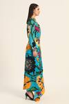 Ruhr India_Turquoise Crepe Collared Floral Print Yoko Shirt And Draped Skirt Set _at_Aza_Fashions