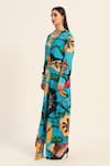 Buy_Ruhr India_Turquoise Crepe Collared Floral Print Yoko Shirt And Draped Skirt Set 