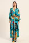Shop_Ruhr India_Turquoise Crepe Collared Floral Print Yoko Shirt And Draped Skirt Set 